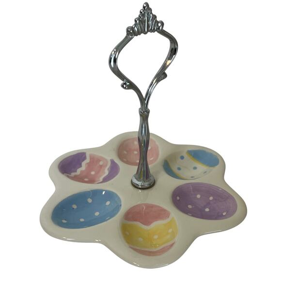Easter Egg Tray Colorful Ceramic Platter Holds Six Dyed Eggs Silver Tone Handle - Picture 3 of 7